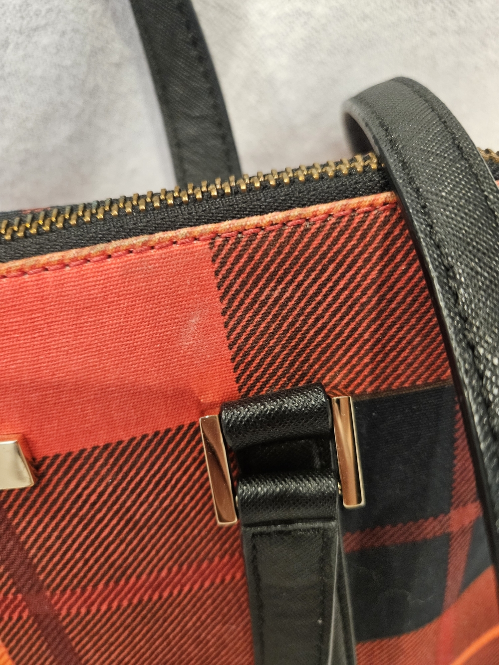 kate spade New York Newbury Lane Red Plaid Tote with Black Leather Trim Purse - Picture 4 of 16